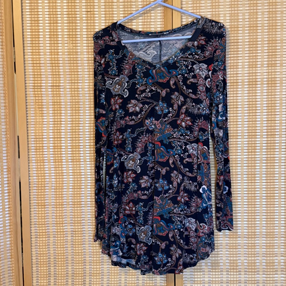 BaiShengGT Womens Paisley Floral V-Neck Long Sleeve Tunic Top Navy Blue Size M